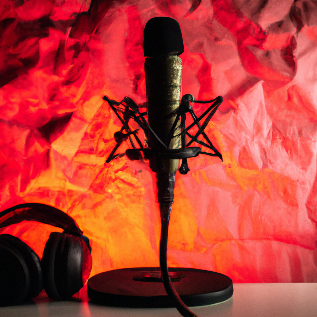 Audio y radio: estudio de podcast con micrófono, auriculares y guion