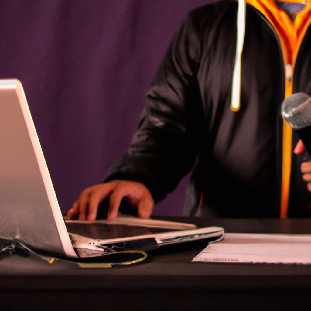 Estudiante de periodismo trabajando con laptop, micrófono y cámara en un aula moderna en Argentina